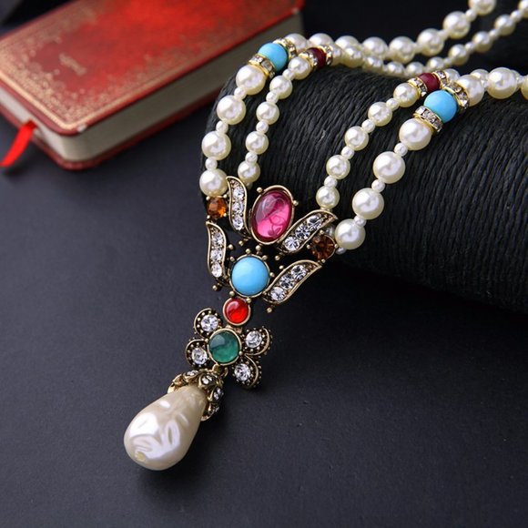 Short Beads Chain Pearls Chrystal Gems Necklace - Picture 7 of 8